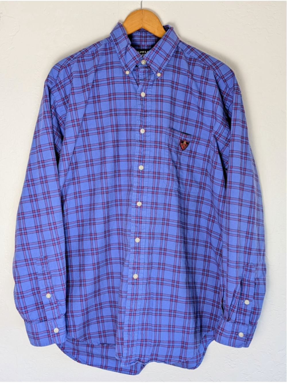 Ralph Lauren Golf Tilden Shirt Mens L Blue Red Plaid Crest Patch Cotton Y2K